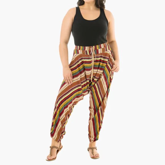 Buddha Pants Unisex Drawstring Boho Hippie Stripe Savannah Harem Pants Red - Picture 5 of 13